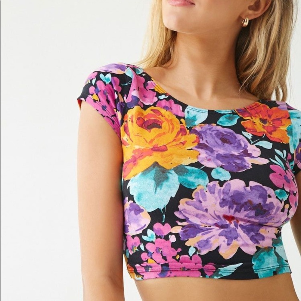 Ambience Floral Print Cotton Crisscross Back Crop Top Medium NWT